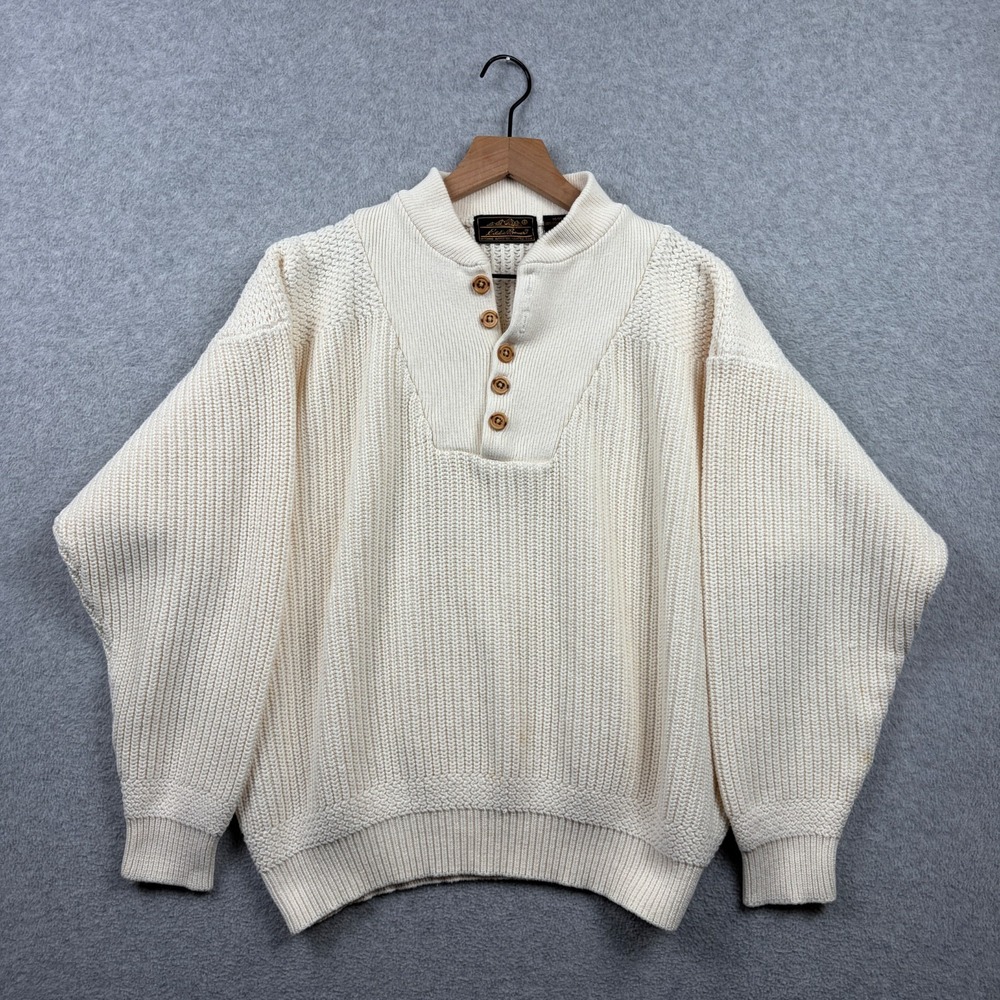 Vintage Eddie Bauer Sweater Mens Medium Cream Fisherman Knit Henley Cotton Heavy